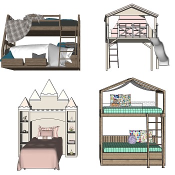 17欧式美式北欧简约儿童房女孩房实木儿童床上下铺组合sketchup草图模型下载