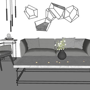 20北欧简约单人沙发椅子双人沙发茶几吊灯墙饰组合sketchup草图模型下载