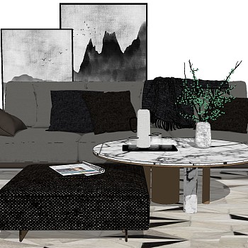 21北欧现代现代简约多人沙发茶几盆栽组合sketchup草图模型下载