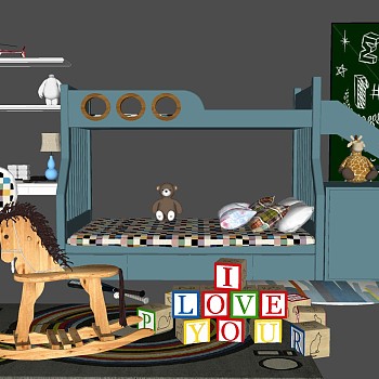 13现代北欧儿童房实木双人床书桌椅字母积木木马摇椅玩具黑板画组合sketchup草图模型下载