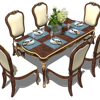 20欧式法式美式实木雕花餐桌椅餐具摆件组合sketchup草图模型下载