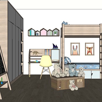 10现代实木儿童房儿童上下铺单人床书架储物柜橱柜黑板熊玩具组合sketchup草图模型下载