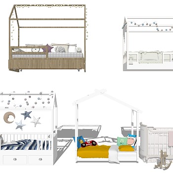 9现代北欧简约木制儿童房儿童床挂灯玩偶木马摇篮婴儿床组合sketchup草图模型下载