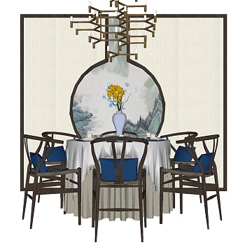 9新中式圆形餐厅包间餐桌椅吊灯桌布sketchup草图模型下载