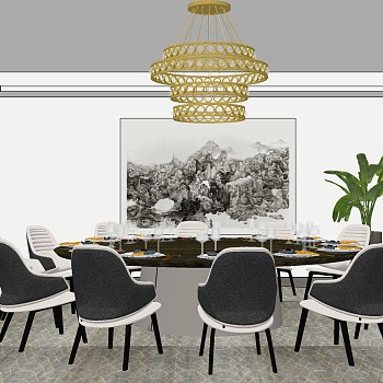 8现代轻奢简欧式新中式圆形包间餐桌椅吊灯sketchup草图模型下载