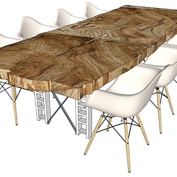 2北欧工业风现代单人椅子实木木板大板桌子餐桌椅组合sketchup草图模型下载