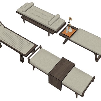 7新中式现代轻奢简欧式矮凳沙发凳床尾凳卧榻贵妃榻sketchup草图模型下载