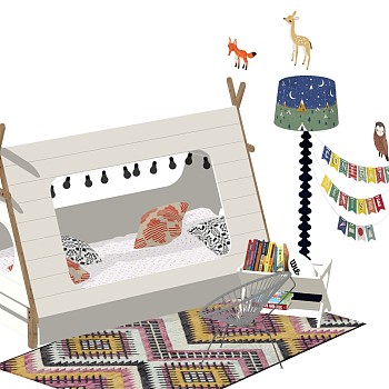 6现代北欧式简约儿童木制帐篷落地灯抱枕金属铁艺休闲椅子书本组合sketchup草图模型下载