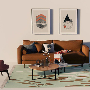 17北欧客厅单人沙发椅子双人沙发茶几落地灯挂画组合sketchup草图模型下载  (1)