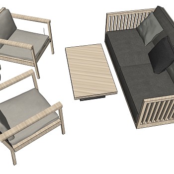23新中式实木单人沙发椅子双人沙发茶几sketchup草图模型下载