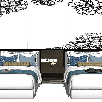 5新中式商务客房单人床床头柜台灯组合sketchup草图模型下载