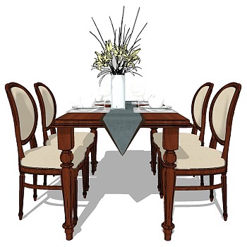 19美式欧式法式餐桌椅子餐桌椅茶具摆件组合sketchup草图模型下载