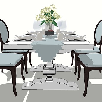 18美式欧式法式餐桌椅子餐桌椅茶具摆件组合sketchup草图模型下载