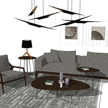 11北欧现代沙发茶几边几单人休闲椅子吊灯sketchup草图模型下载