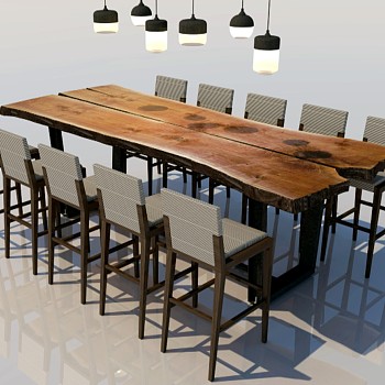 10现代简约实木大板单人沙发椅子实木桌子餐桌椅吊灯组合sketchup草图模型下载