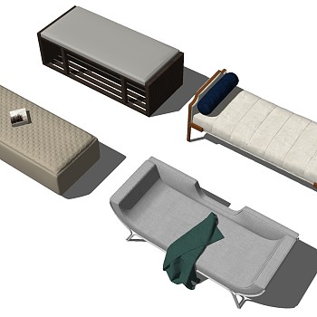 17现代新中式沙发凳床榻床尾凳组合3sketchup草图模型下载