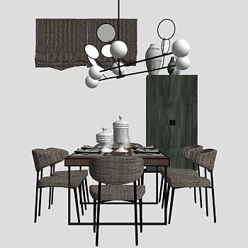 2北欧现代餐桌椅球形吊灯边柜装饰柜罗马窗帘sketchup草图模型下载