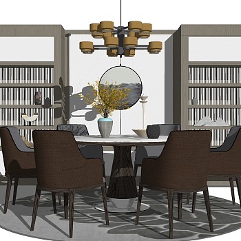 20新中式圆形餐桌椅单人布艺沙发桌子装饰柜储物柜书柜、吊灯组合sketchup草图模型下载