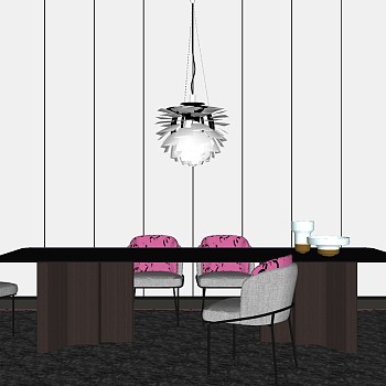 13北欧现代单人铁艺布艺椅子桌子餐桌椅吊灯组合sketchup草图模型下载