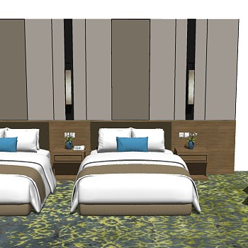 16新中式商务客房单人床床头柜单人懒人沙发金属茶几落地灯组合sketchup草图模型下载