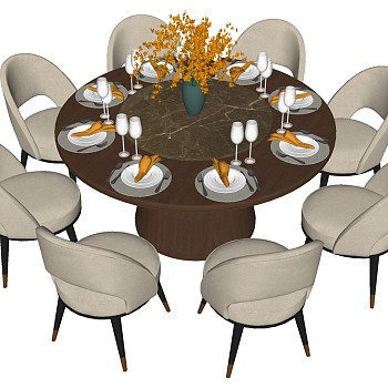 4现代新中式圆形餐桌椅餐具组合sketchup草图模型下载