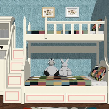 10北欧简约儿童房儿童实木上下铺兔子玩具书柜组合sketchup草图模型下载