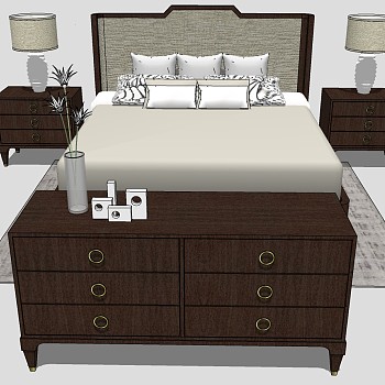 8欧式美式新中式简约实木双人床床头柜台灯床尾凳组合sketchup草图模型下载