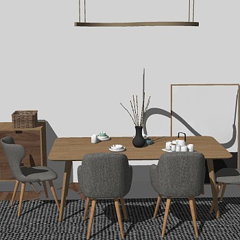 5北欧现代实木布艺单人沙发椅子实木桌子餐桌边柜吊灯组合sketchup草图模型下载