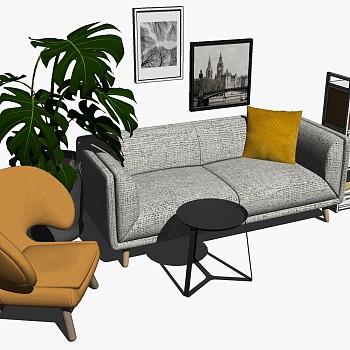 14北欧现代单人沙发椅子双人沙发茶几书柜储物柜大叶子绿植盆栽组合sketchup草图模型下载
