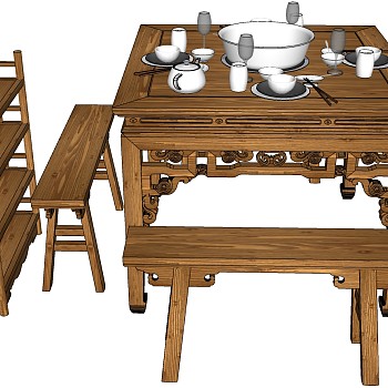 18新中式实木火锅方桌餐桌实木长板凳桌子茶具木板凳八仙桌餐边柜备餐柜sketchup草图模型下载