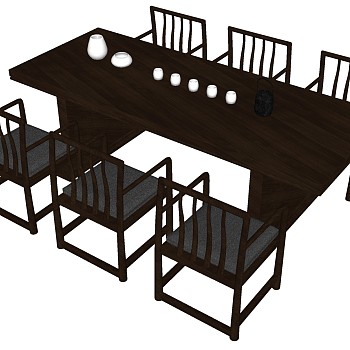 13中式实木单人椅子桌子餐桌椅茶具摆件组合sketchup草图模型下载