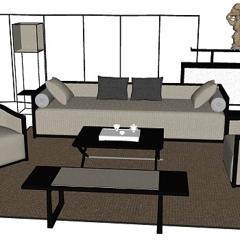 28新中式客厅单人沙发多人沙发茶几落地灯摆件组合sketchup草图模型下载