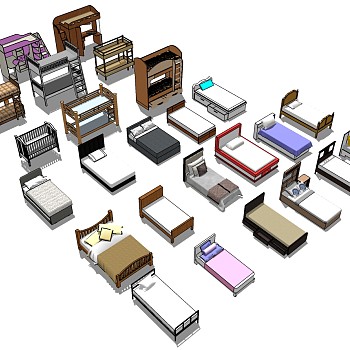 6现代欧式法式美式单人床实木上下床组合sketchup草图模型下载