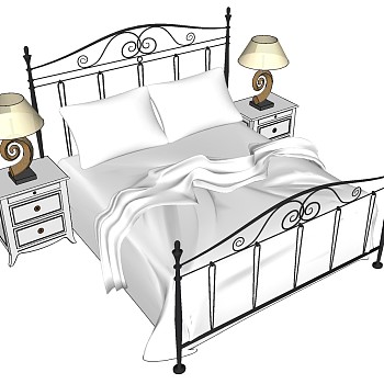 4欧式法式美式金属铁艺双人床台灯床头柜sketchup草图模型下载