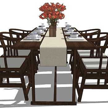 21新中式餐厅餐桌餐椅餐具摆件组合sketchup草图模型下载