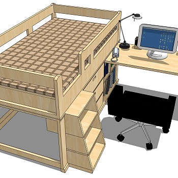 22现代学生宿舍实木上下铺床铺书桌椅电脑组合sketchup草图模型下载