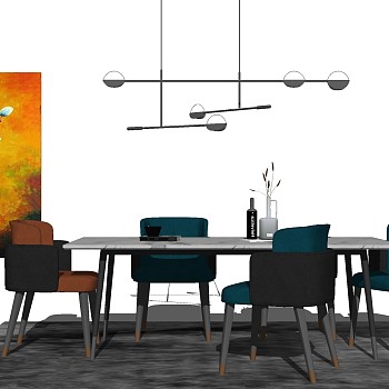 20现代轻奢餐厅餐桌椅摆件吊灯组合sketchup草图模型下载
