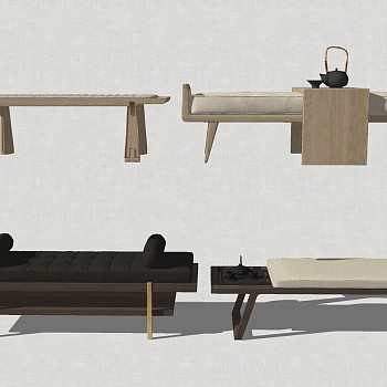 20新中式床尾凳脚踏床尾凳茶壶茶具sketchup草图模型下载