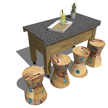 14现代户外餐桌椅子凳子摆件组合茶桌椅木凳子sketchup草图模型下载