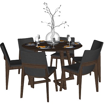 21现代餐厅圆形餐桌椅子茶具摆件sketchup草图模型下载