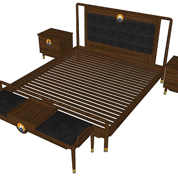 10中式实木单人床床头柜组合sketchup草图模型下载