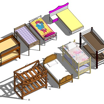 8现代北欧式实木儿童房儿童上下铺床铺sketchup草图模型下载