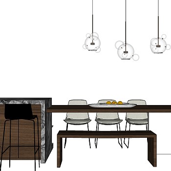 15北欧现代餐桌椅开放厨房岛台吧台吧椅sketchup草图模型下载