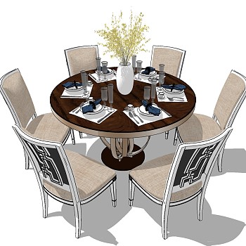 12美式简欧式餐厅实木餐桌餐椅餐具摆件sketchup草图模型下载