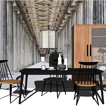 10北欧工业风餐厅金属铁艺餐桌椅子边柜储物柜酒柜吊灯组合sketchup草图模型下载
