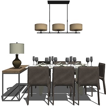 7现代简约餐厅餐桌椅子餐具餐边柜台灯吊灯组合sketchup草图模型下载