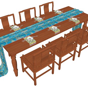 6中式古典实木餐桌椅组合sketchup草图模型下载