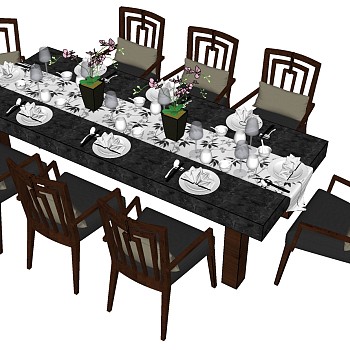 6新中式实木餐桌椅椅子餐具摆件sketchup草图模型下载