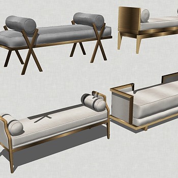 19新中式现代轻奢简欧式床尾凳脚踏床尾凳sketchup草图模型下载
