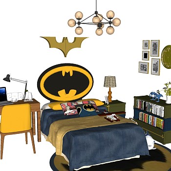15现代儿童房儿童床蝙蝠侠挂饰小吊灯书柜写字台